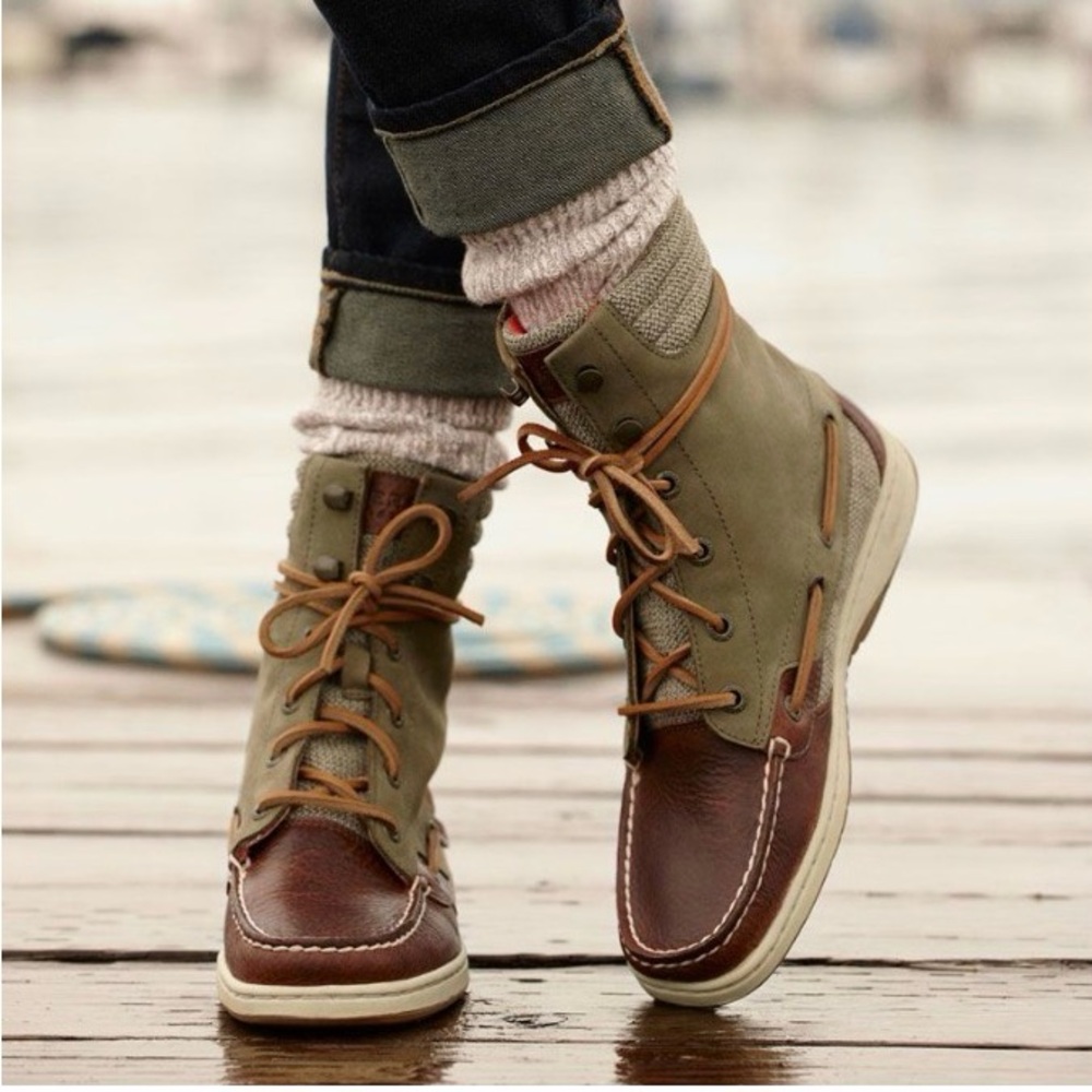 Sperry Top-Sider Hikerfish Lace-up Moc Bootie in Olive/Brown Women’s Sz 6 1/2